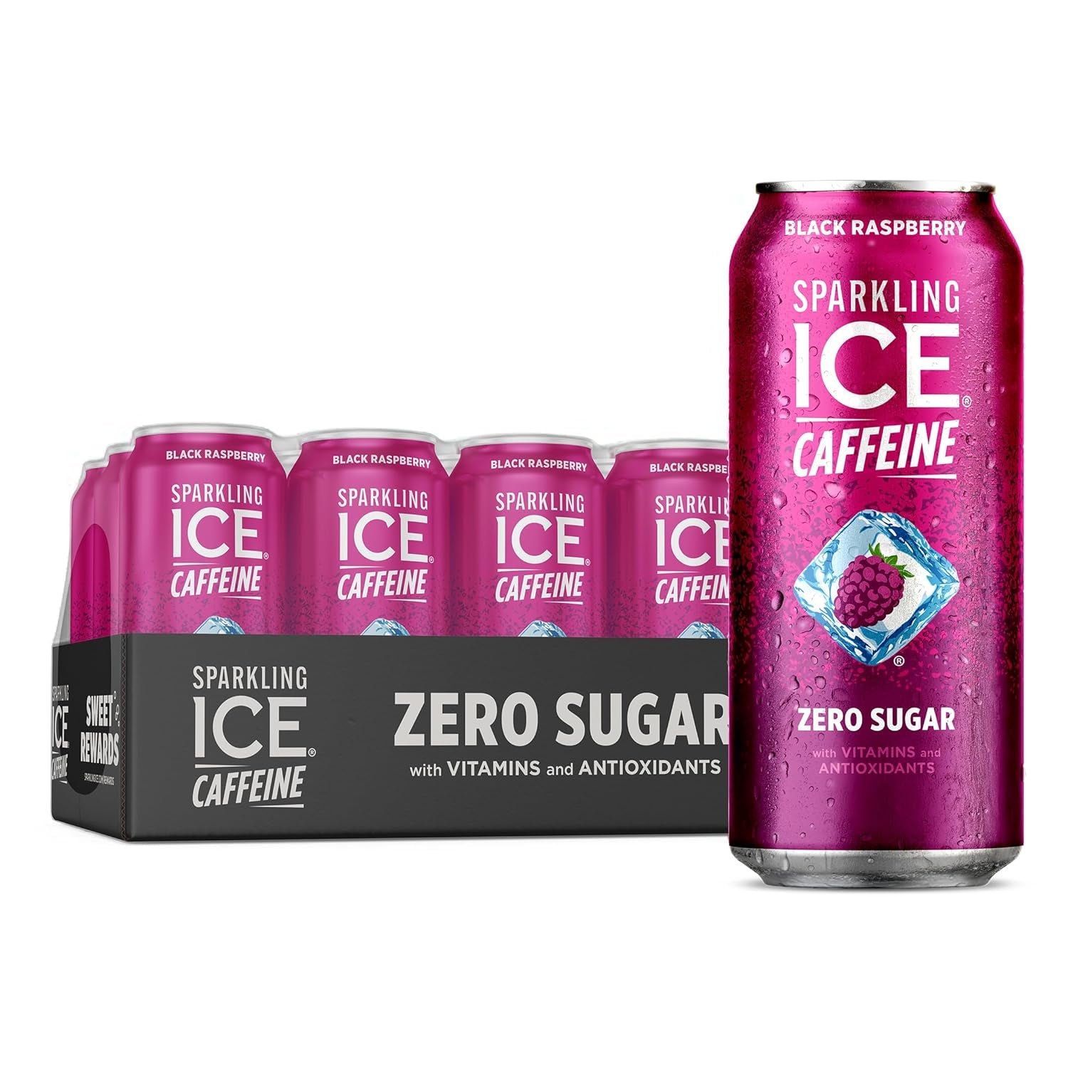 +Caffeine Black Raspberry Sparkling Water with Caffeine, Zero Sugar, with Antioxidants and Vitamins,16 Fl Oz Cans (Pack of 12)