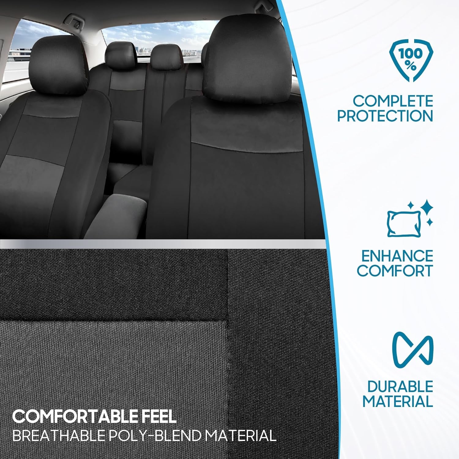 Polypro Car Seat Covers Full Set in Charcoal on Black – Front and Rear Split Bench for Cars, Easy to Install Cover Set, Accessories Auto Trucks Van SUV