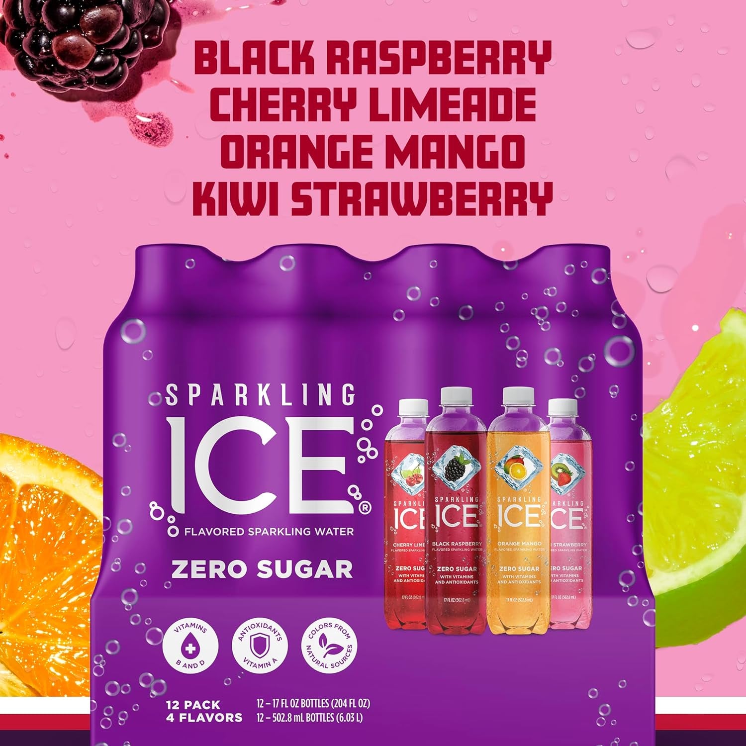 Purple Variety Pack, Flavored Water, Zero Sugar, with Vitamins and Antioxidants, 17 Fl Oz, 12 Count (Black Raspberry, Cherry Limeade, Orange Mango, Kiwi Strawberry)