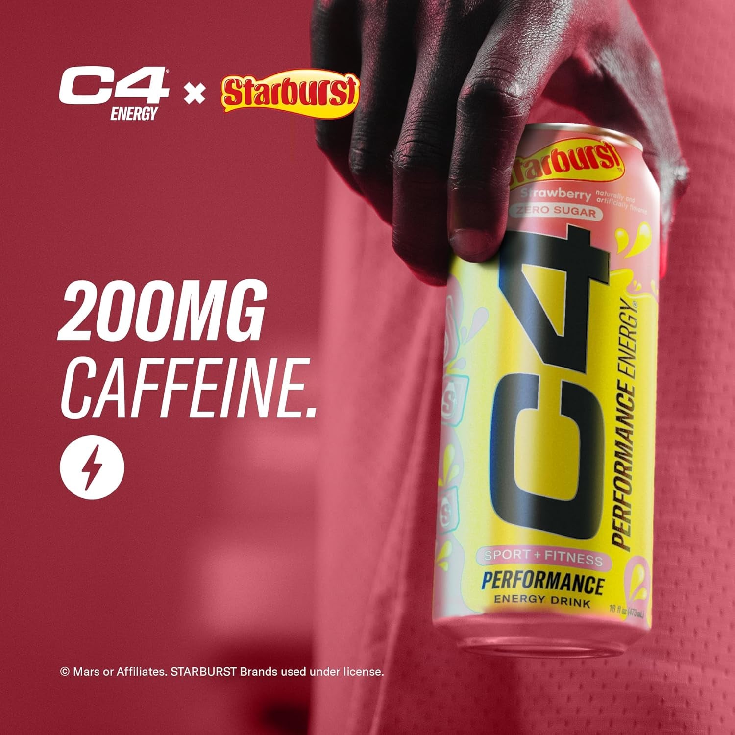 C4 Performance Energy Drink | STARBURST Strawberry | Zero Sugar Carbonated Preworkout Energy | 200Mg Caffeine with Beta Alanine | 16 Fl Oz (12 Pack)