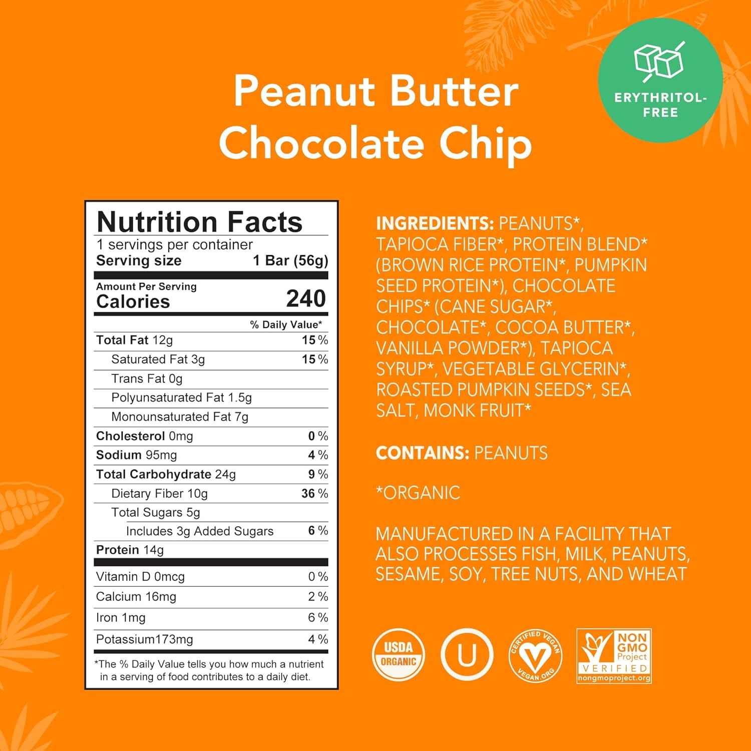 Organic Plant Based Protein Bars |Peanut Butter Chocolate Chip | 1.98 Oz (Pack of 12) | Vegan, Low Sugar, Gluten Free, Paleo, Low Carb, Non-Gmo, Stevia Free, Soy Free, No Sugar Alcohols