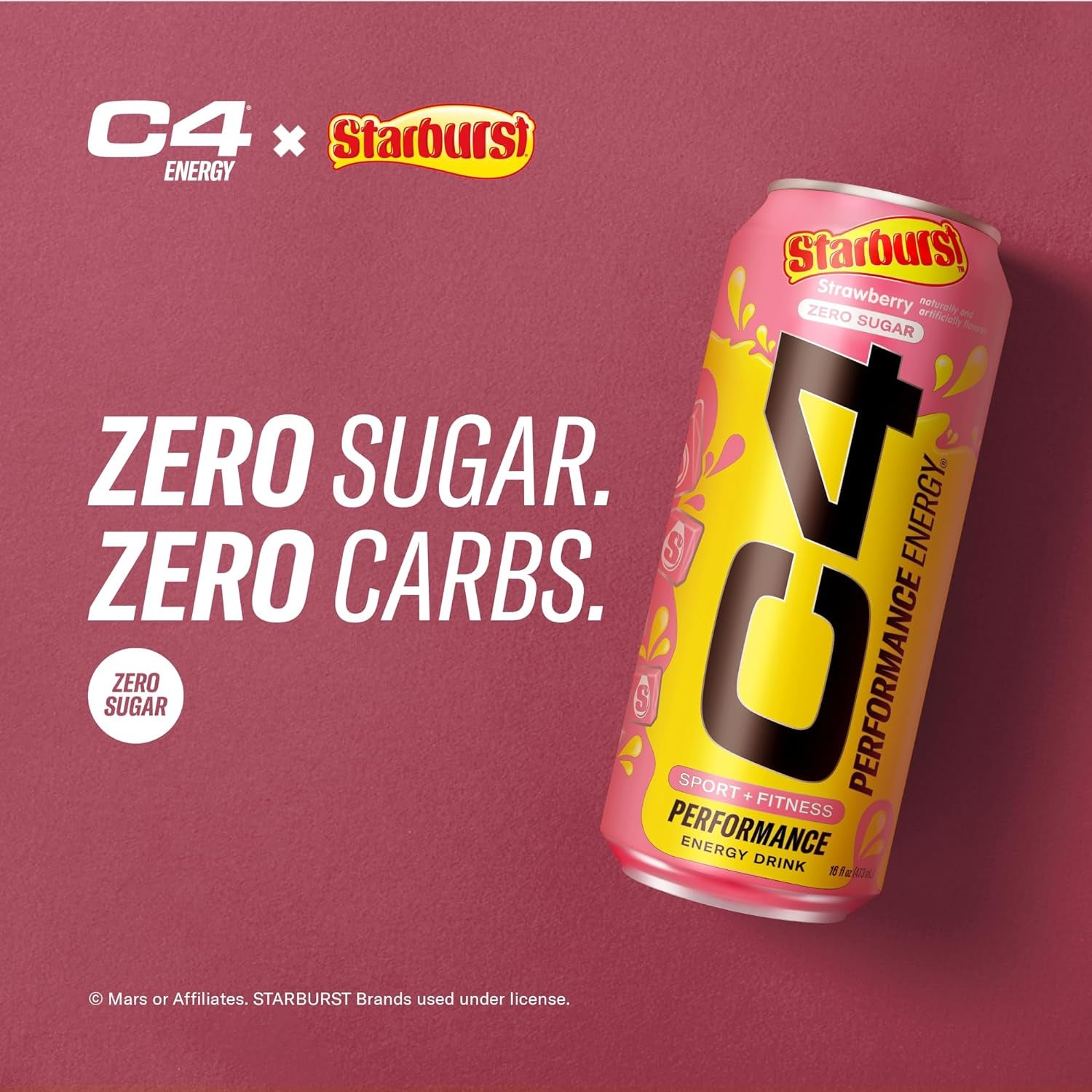 C4 Performance Energy Drink | STARBURST Strawberry | Zero Sugar Carbonated Preworkout Energy | 200Mg Caffeine with Beta Alanine | 16 Fl Oz (12 Pack)