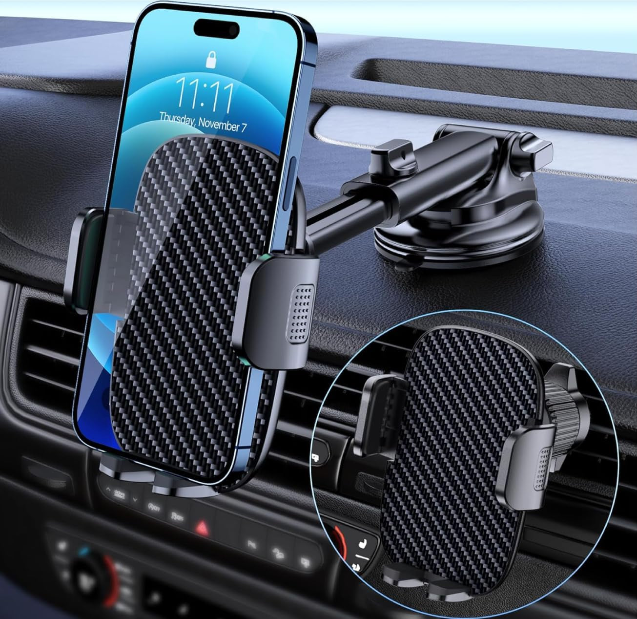 Car Phone Holder Mount Phone Mount for Car Windshield Dashboard Air Vent Universal Hands Free Automobile Cell Phone Holder Fit for Iphone Smartphone Carbon Fiber