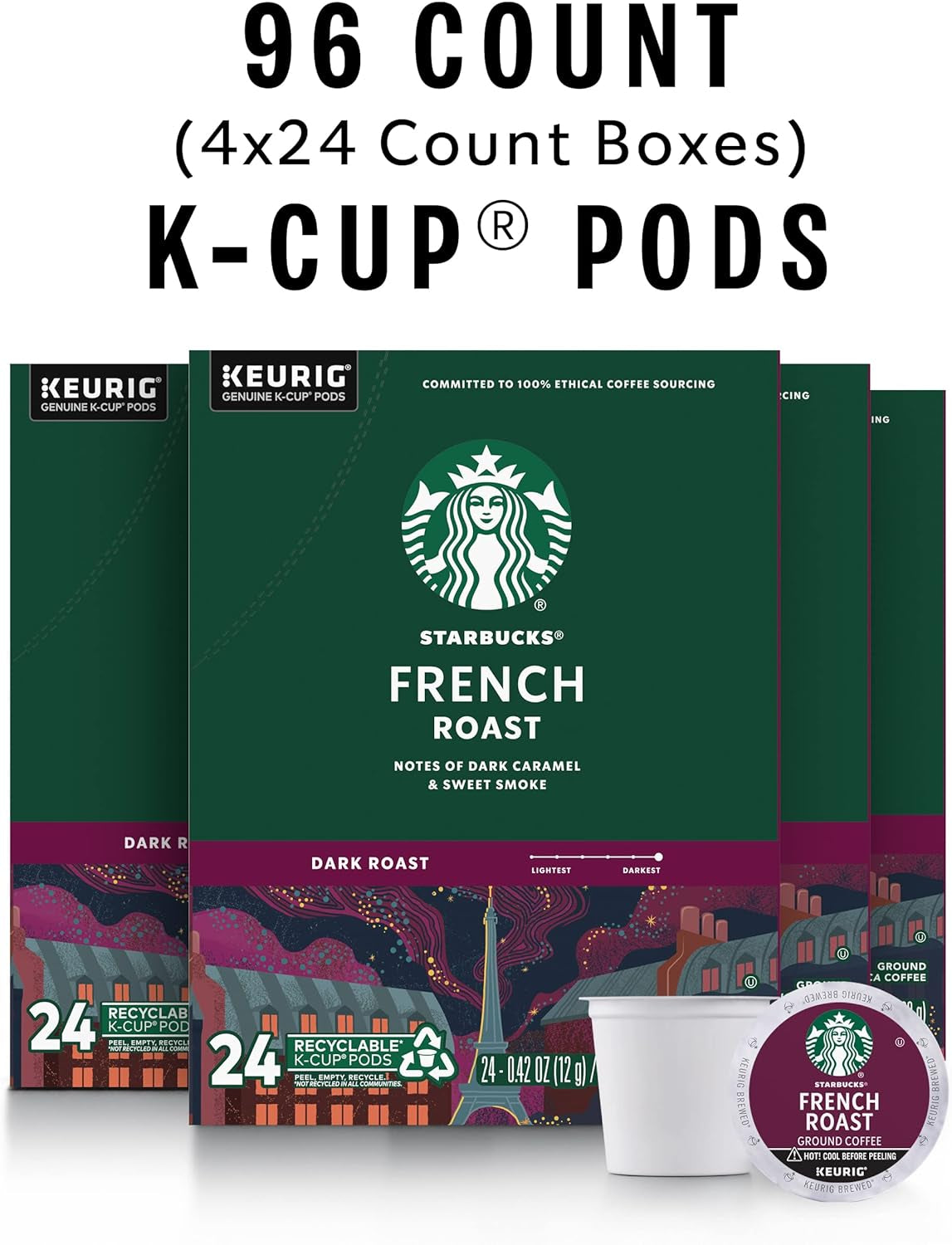 K-Cup Coffee Pods, Dark Roast Coffee, French Roast for Keurig Brewers, 100% Arabica, 4 Boxes (96 Pods Total)