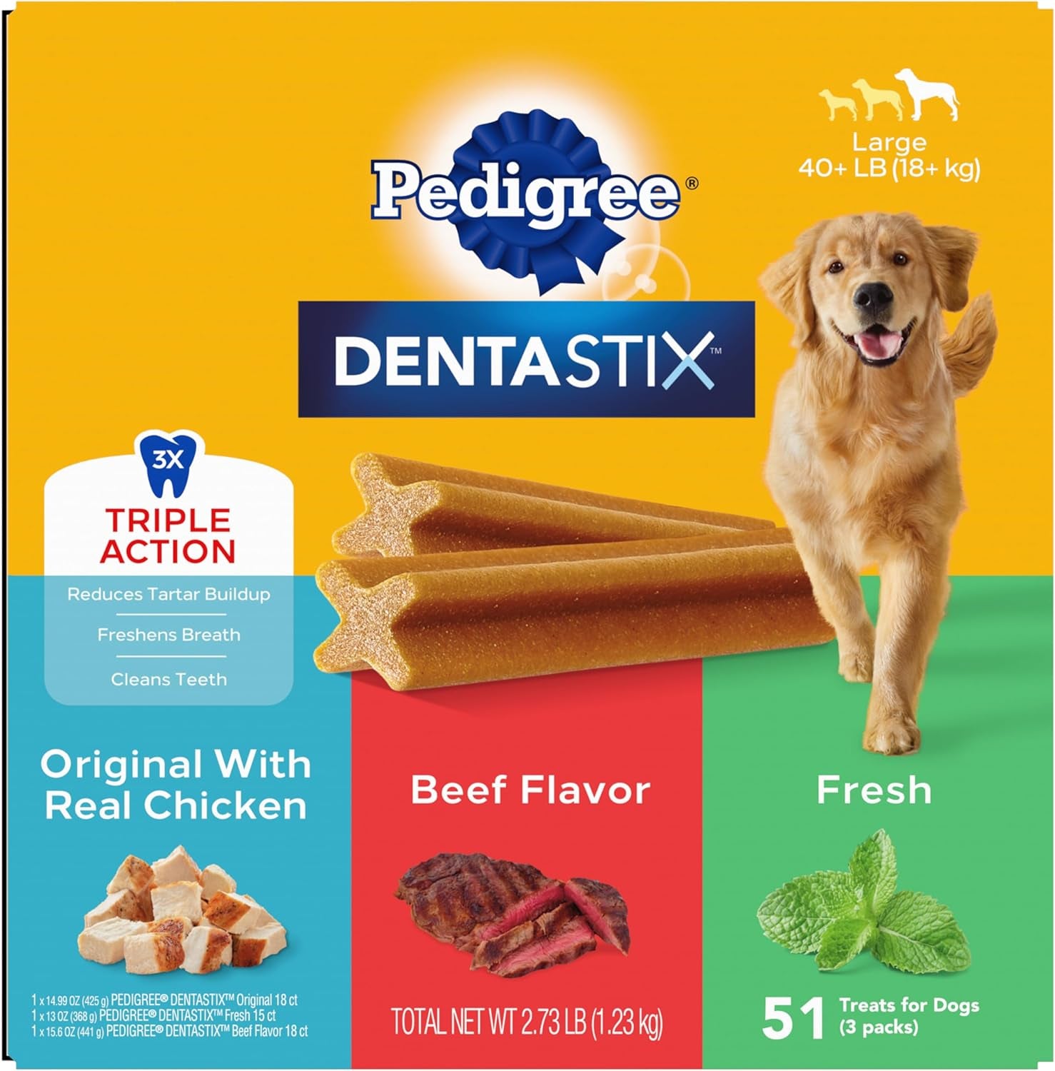 DENTASTIX Large Dog Dental Care Treats Original, Beef & Fresh Variety Pack, 2.73 Lb.Pack (51 Treats)