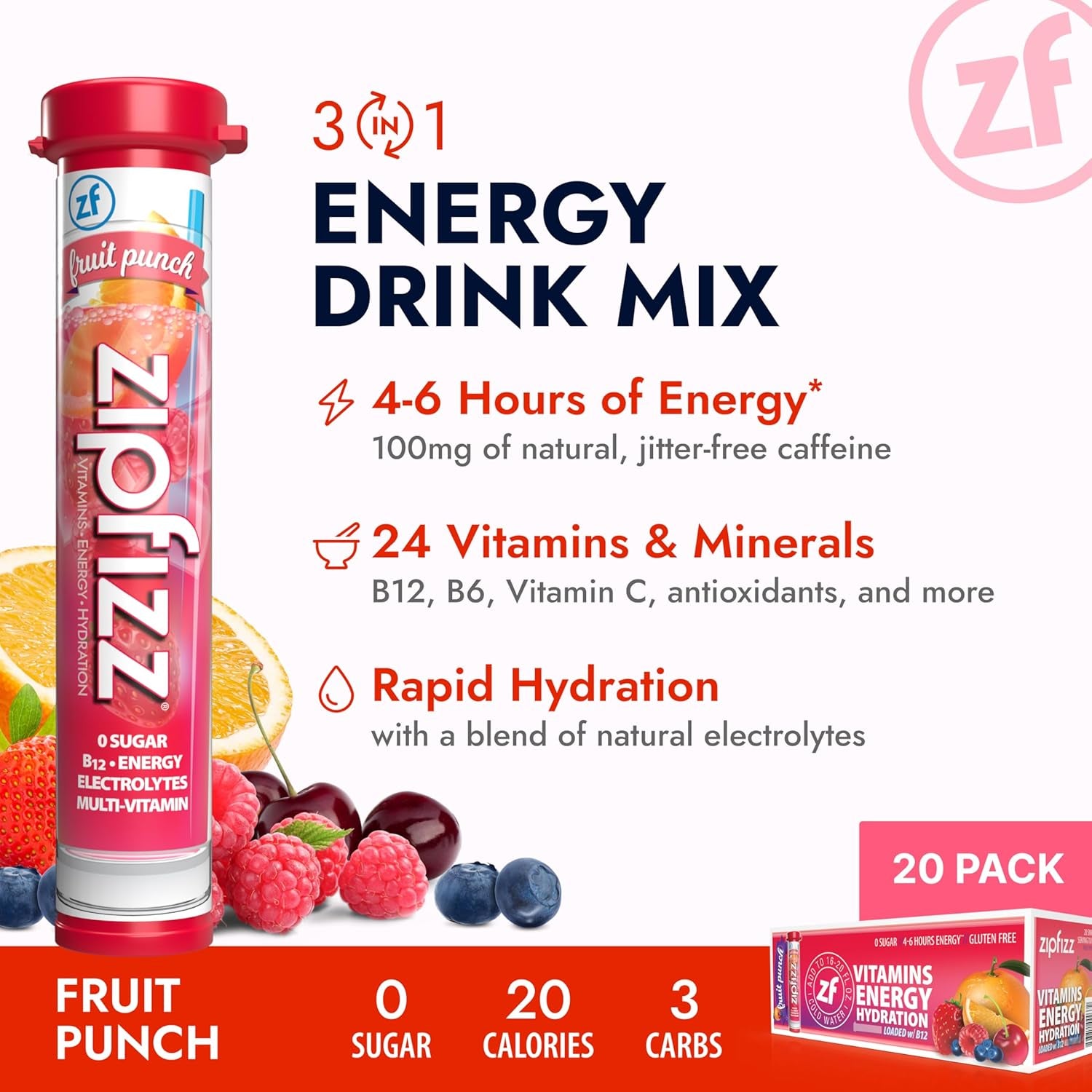 Daily Energy Drink Powder, Fruit Punch, 20 Pack 3-In-1 Sustained Energy, Rapid Hydration, and Essential Vitamins Sugar-Free Electrolyte Powder Contains Vitamin B-12 & Antioxidants