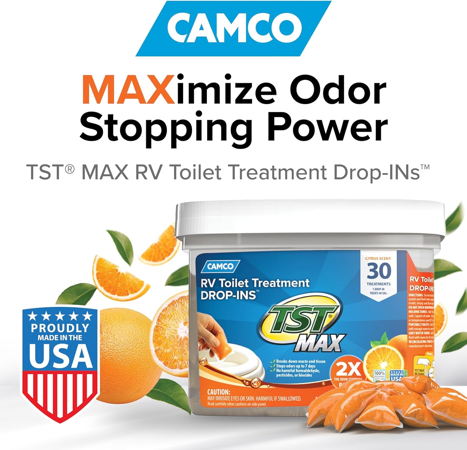 TST MAX Camper / RV Toilet Treatment Drop-Ins - Control Unwanted Odors & Break down Waste and Tissue - Safe Septic Tank Treatment - Orange Scent, 30-Pack (41183)