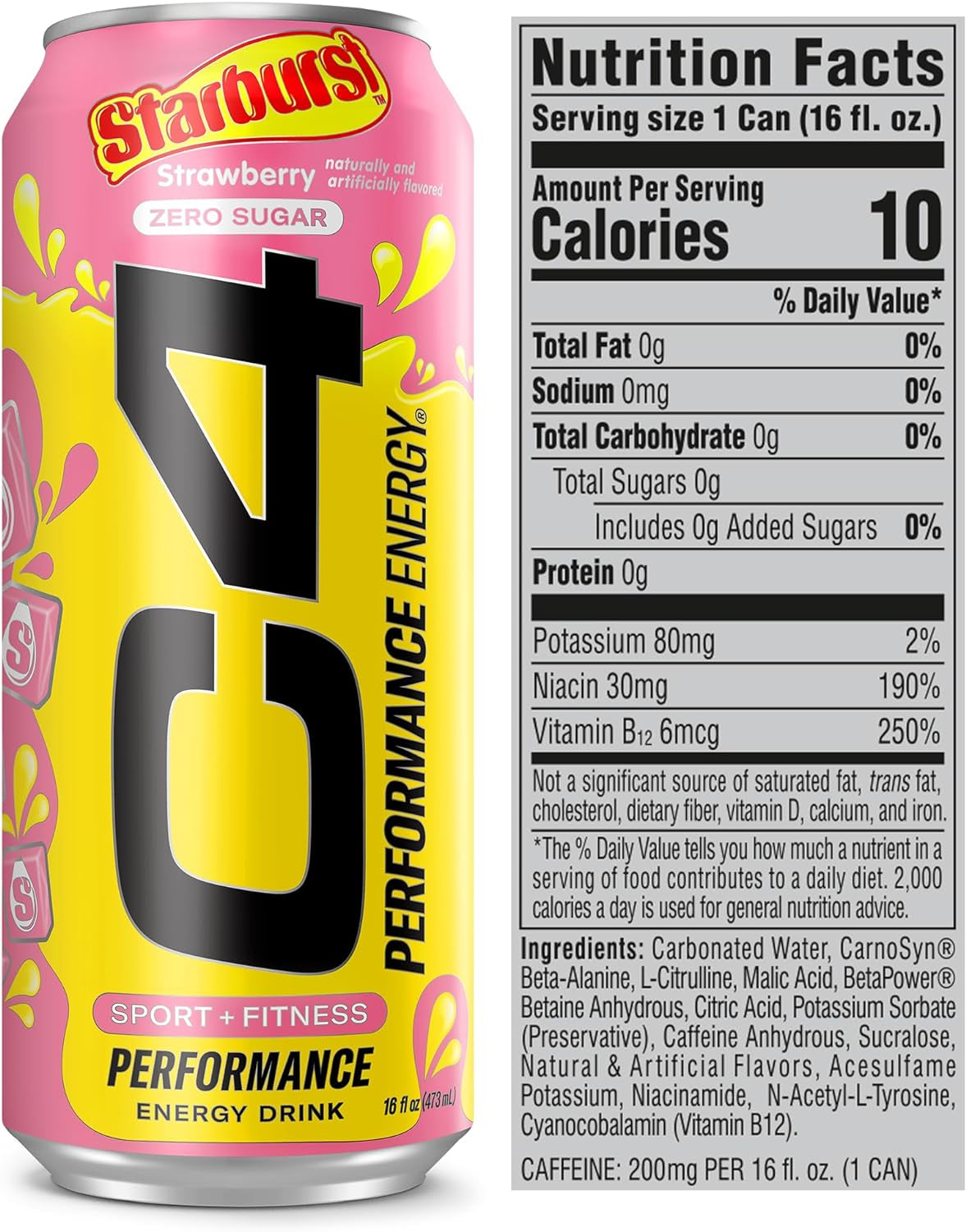 C4 Performance Energy Drink | STARBURST Strawberry | Zero Sugar Carbonated Preworkout Energy | 200Mg Caffeine with Beta Alanine | 16 Fl Oz (12 Pack)