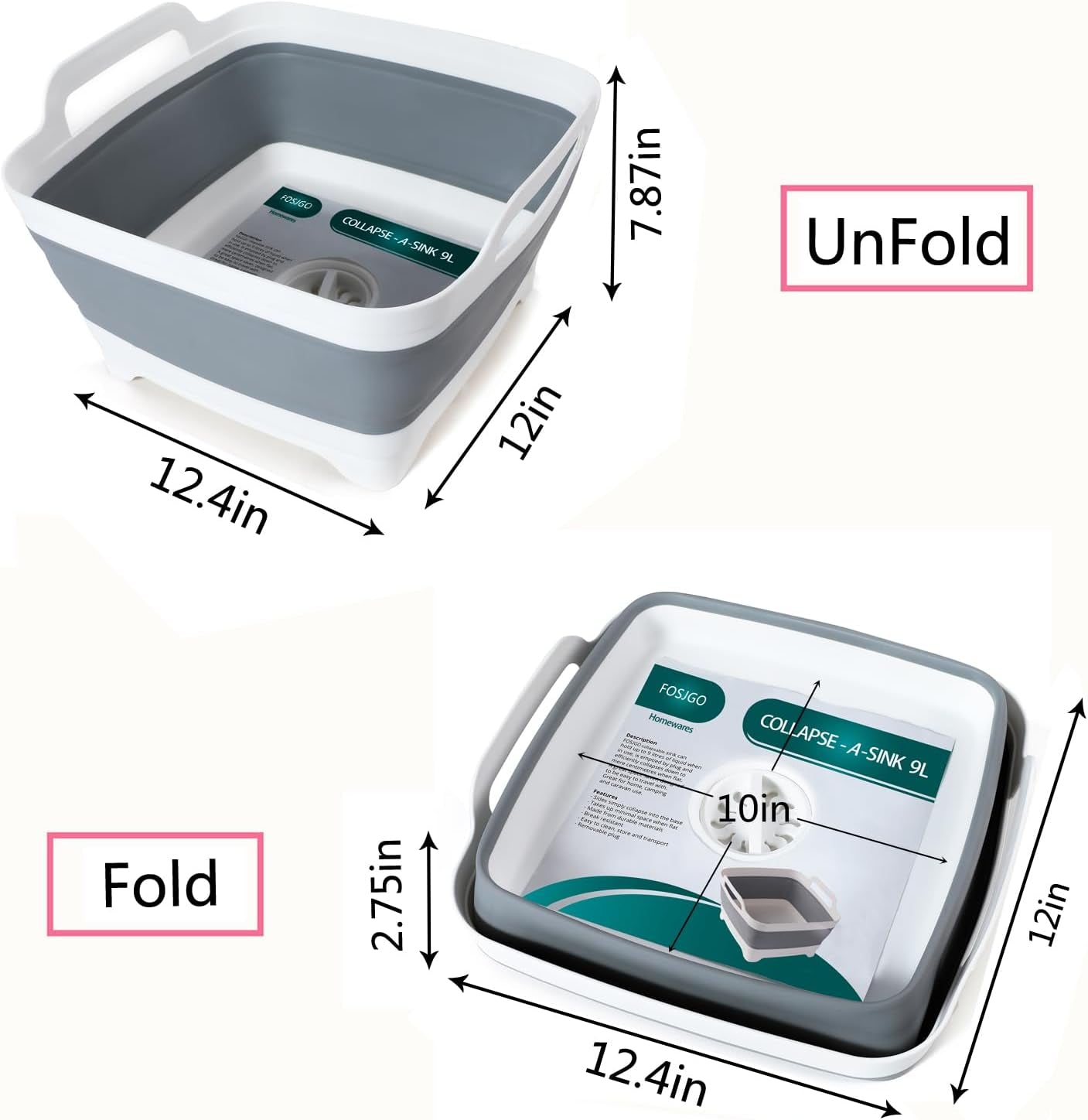 2.4 Gal(9L) Collapsible Dish Basin with Drain Plug,Space Saving Multiuse Foldable Sink Tub,Dishpan,Kitchen Sink for Camping,Plastic Tub,Vegetable Washing,Beverage Tubs