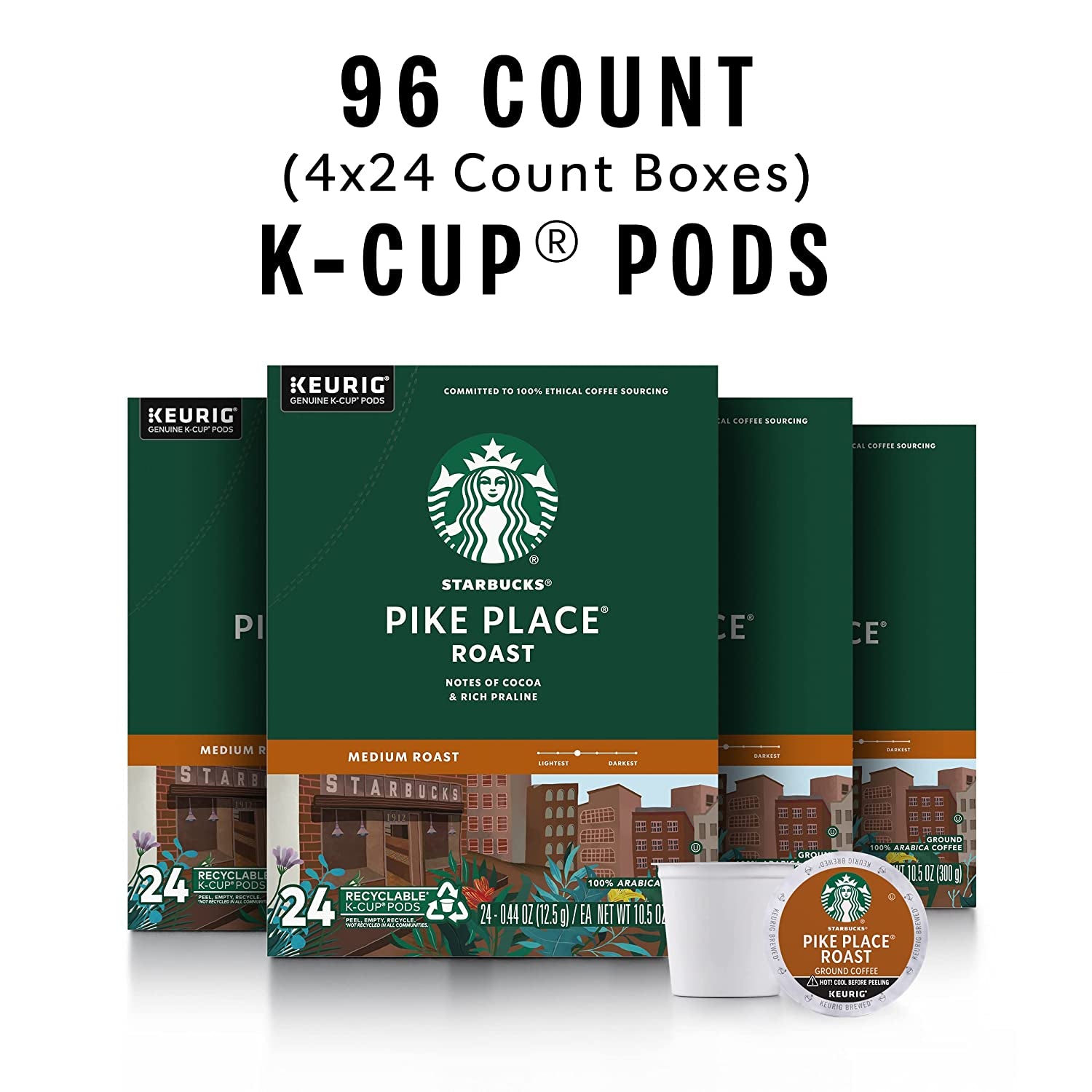 K-Cup Coffee Pods, Medium Roast Coffee, Pike Place Roast for Keurig Brewers, 100% Arabica, 4 Boxes (96 Pods Total)