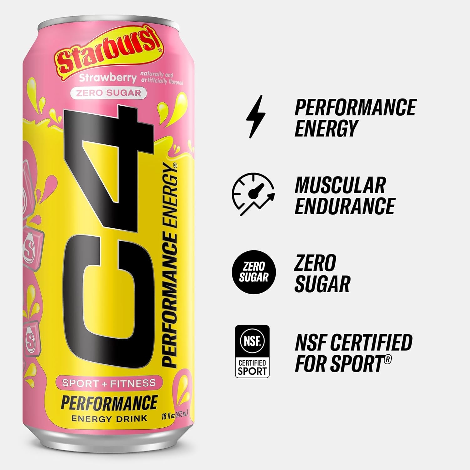 C4 Performance Energy Drink | STARBURST Strawberry | Zero Sugar Carbonated Preworkout Energy | 200Mg Caffeine with Beta Alanine | 16 Fl Oz (12 Pack)