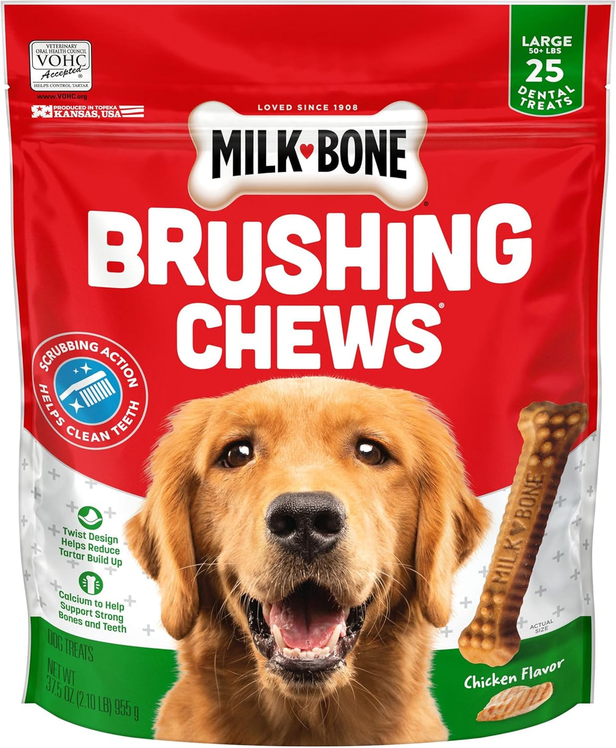 Original Brushing Chews 25 Large Daily Dental Dog Treats Scrubbing Action Helps Clean Teeth