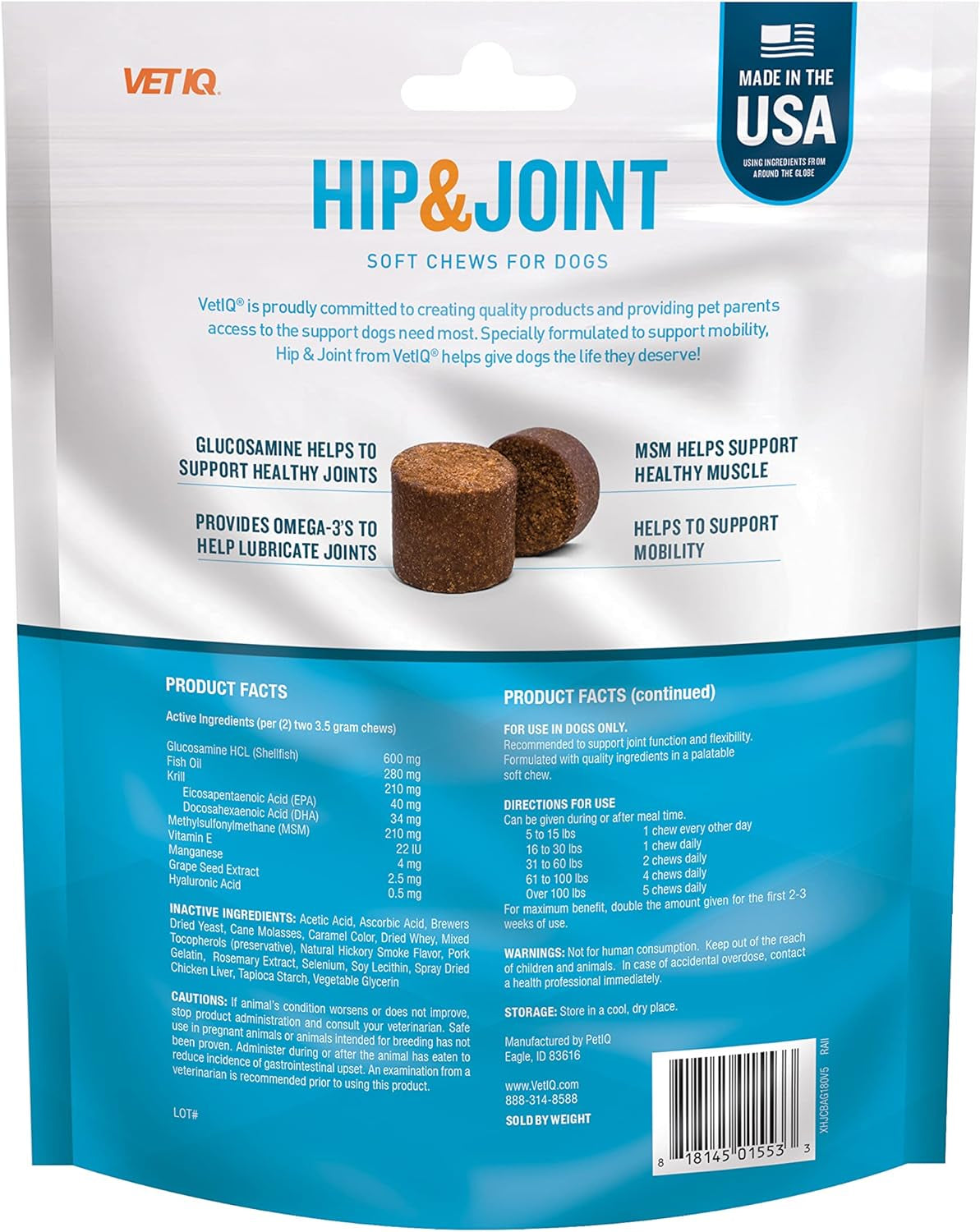 Glucosamine Hip & Joint Supplement for Dogs, 180 Soft Chews, Dog Joint Support Supplement with MSM and Krill, Dog Health Supplies Large & Small Breed, Chicken Flavored Chewables