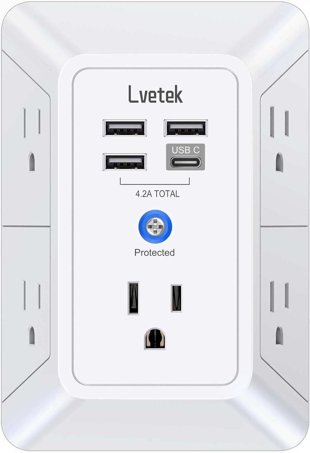 5-Outlet Surge Protector Wall Charger with 4 USB Ports - 1680J Multi Plug for Home, Office, Travel