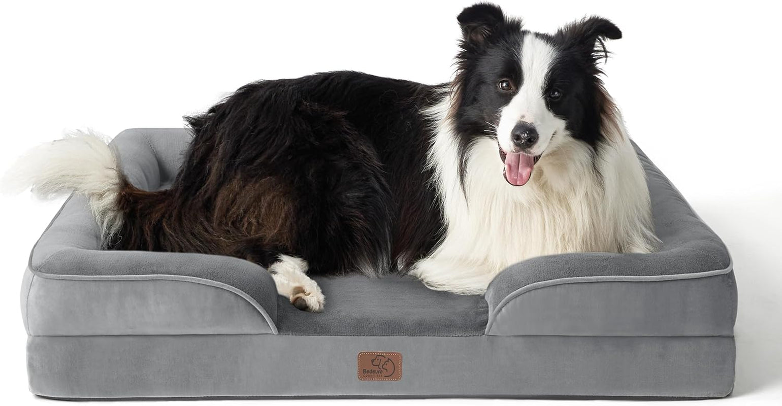 Orthopedic Dog Bed for Large Dogs - Big Washable Dog Sofa Beds Large, Supportive Foam Pet Couch Bed with Removable Washable Cover, Waterproof Lining and Nonskid Bottom, Grey