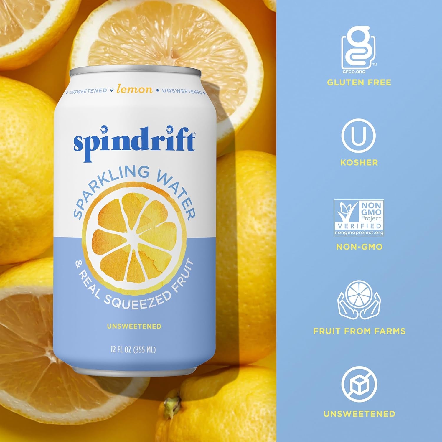 Sparkling Water, Lemon Flavored, Made with Real Squeezed Fruit, 12 Fl Oz Cans, Pack of 24 (Only 3 Calories per Can)