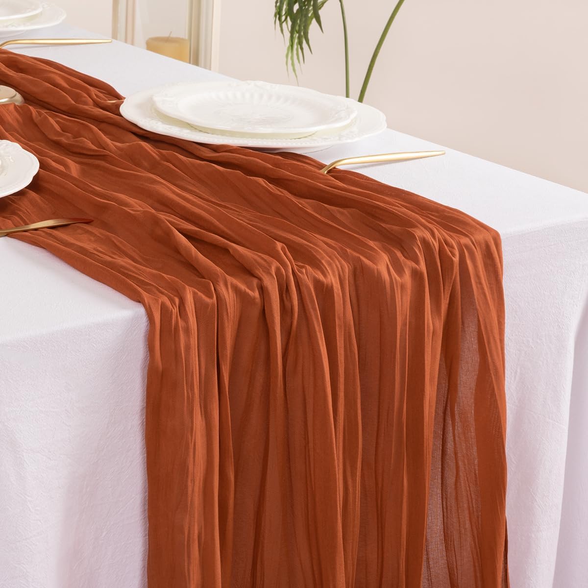 Fall Thanksgiving Table Runner Friendsgiving Terracotta Cheesecloth Table Runner 120 Inch 10FT Boho Rustic Gauze Table Runner for Wedding Party Baby Shower Fall Thanksgiving Decor