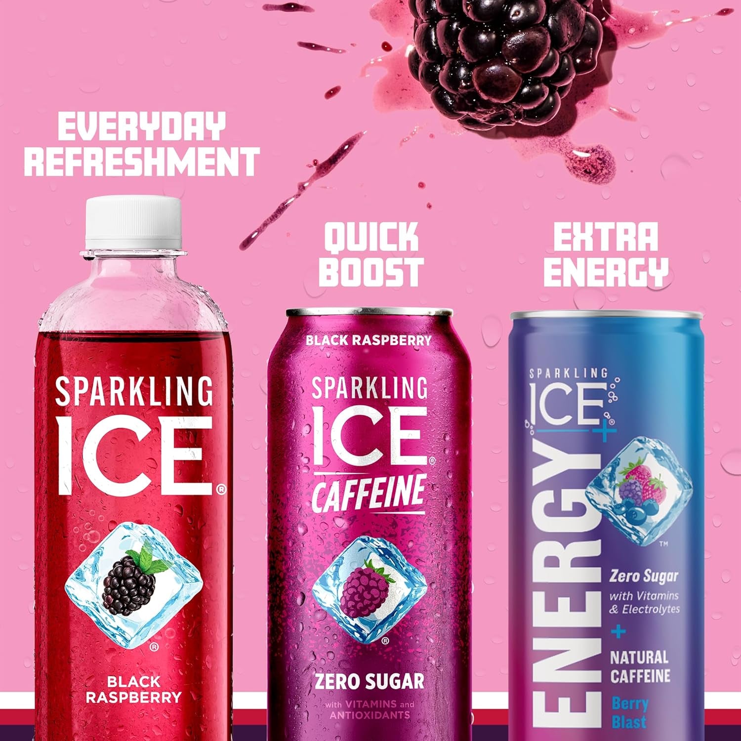 +Caffeine Black Raspberry Sparkling Water with Caffeine, Zero Sugar, with Antioxidants and Vitamins,16 Fl Oz Cans (Pack of 12)