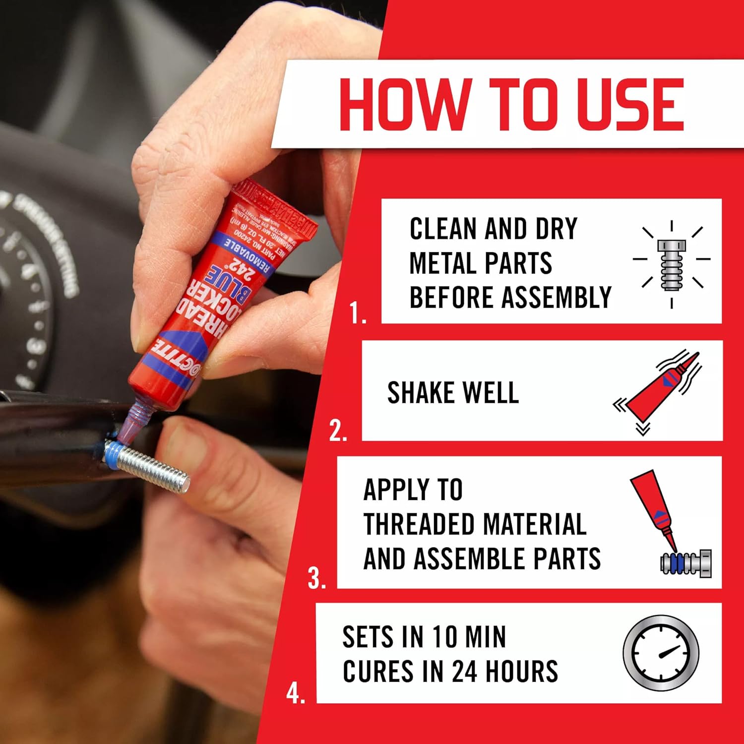 Threadlocker Blue 242 - Removable Thread Lock Glue for Nuts, Bolts, & Fasteners, Medium Strength Screw Glue to Prevent Loosening & Corrosion - 6 Ml, 1 Pack