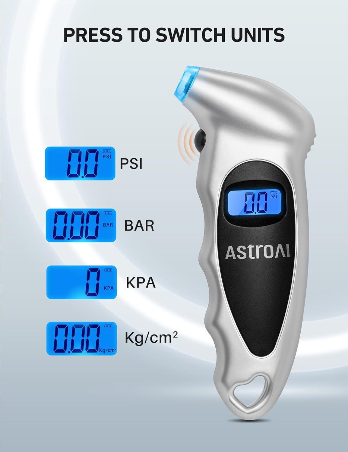 Tire Pressure Gauge Digital 0-150PSI (Accurate in 0.1 Increments), 4 Settings Stocking Stuffers for Car Truck Bicycle with Backlight LCD and Presta Valve Adaptor, Sliver