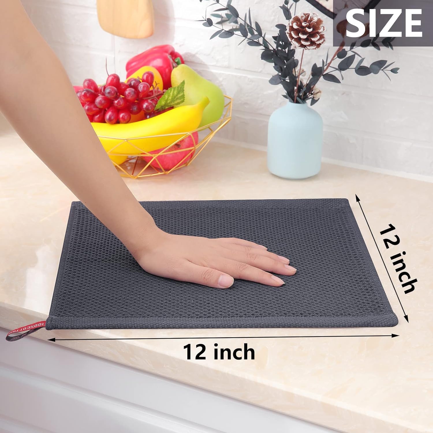 100% Cotton Waffle Weave Kitchen Dish Cloths, Ultra Soft Absorbent Quick Drying Dish Towels, 12X12 Inches, 6-Pack, Dark Grey