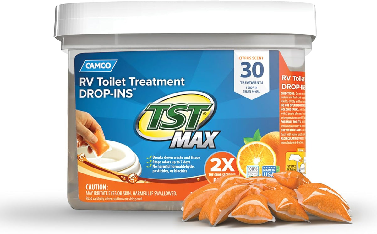 TST MAX Camper / RV Toilet Treatment Drop-Ins - Control Unwanted Odors & Break down Waste and Tissue - Safe Septic Tank Treatment - Orange Scent, 30-Pack (41183)