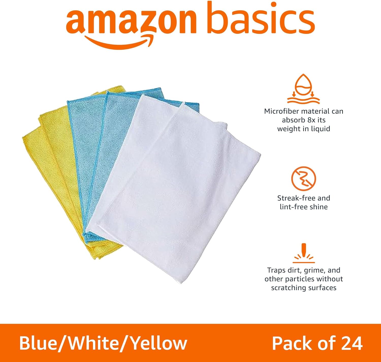 Microfiber Cleaning Cloths, Lint Free, Absorbent, Streak Free, Non-Abrasive, Reusable and Washable, Pack of 24, Blue/White/Yellow, 16" X 12"