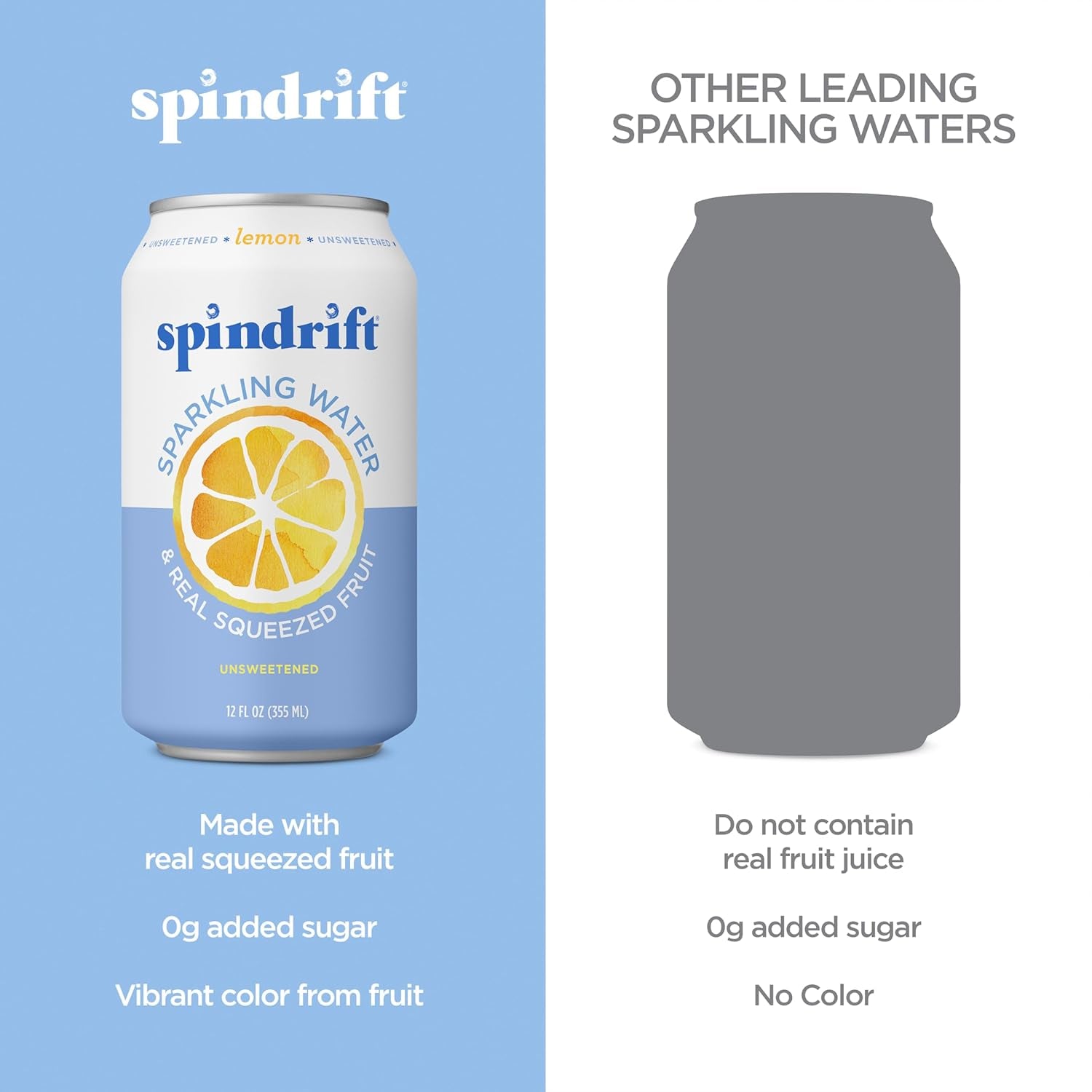 Sparkling Water, Lemon Flavored, Made with Real Squeezed Fruit, 12 Fl Oz Cans, Pack of 24 (Only 3 Calories per Can)