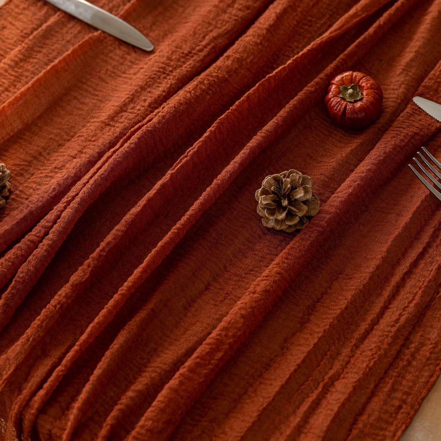 Keketo Thanksgiving Fall Table Runner Cheesecloth Runner Terracotta Gauze 120 Inch 10 FT Rustic Burnt Orange Cheese Cloth for Wedding Baby Bridal Shower Friendsgiving Party Sheer Home Decorations