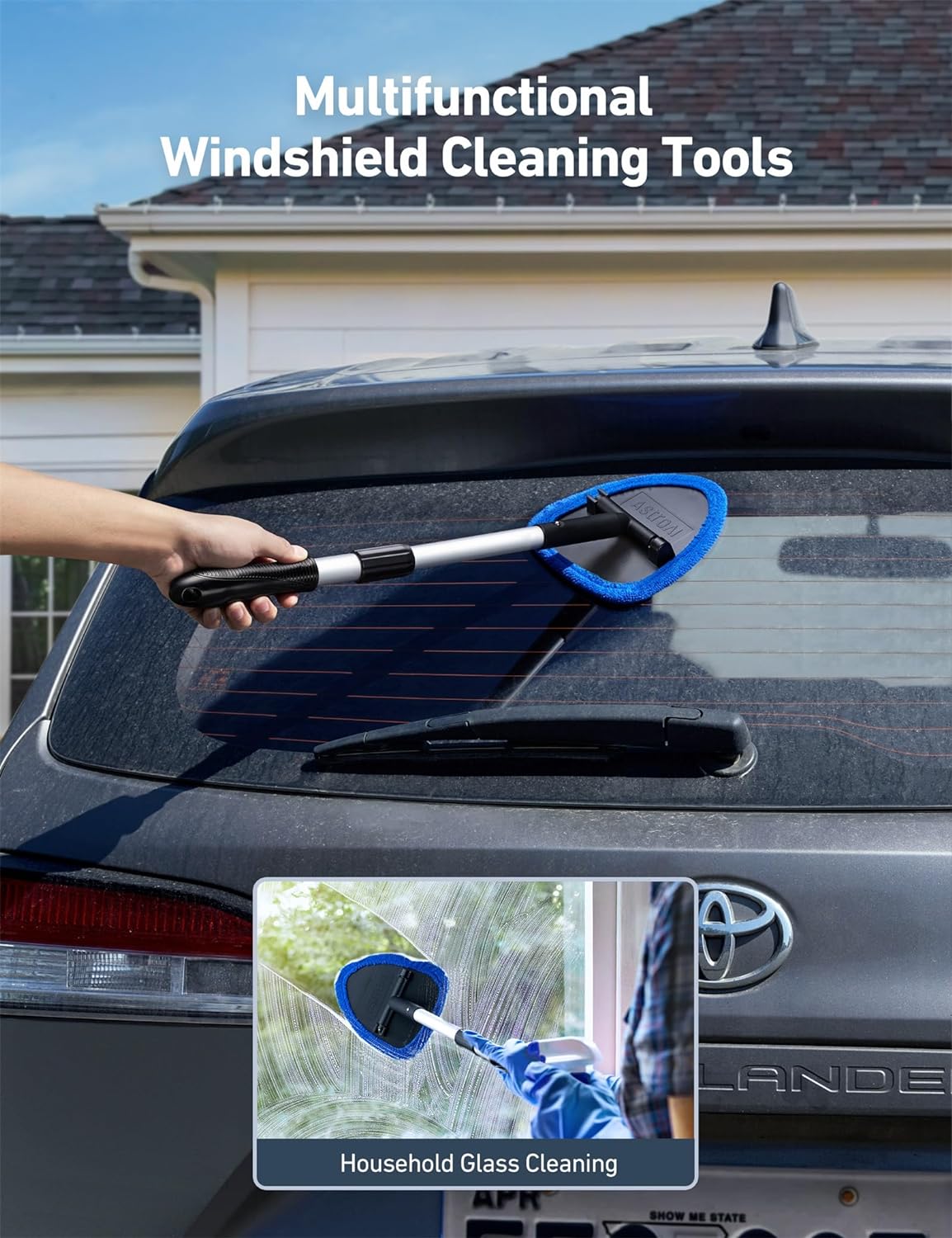 Windshield Cleaner, Car Windshield Cleaning Tool inside with 4 Reusable and Washable Microfiber Pads and Extendable Handle Auto Glass Wiper Kit, Blue