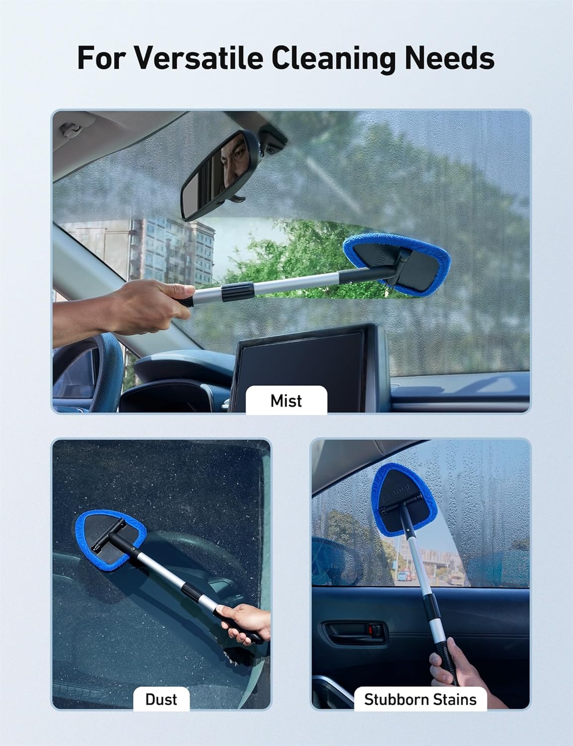 Windshield Cleaner, Car Windshield Cleaning Tool inside with 4 Reusable and Washable Microfiber Pads and Extendable Handle Auto Glass Wiper Kit, Blue