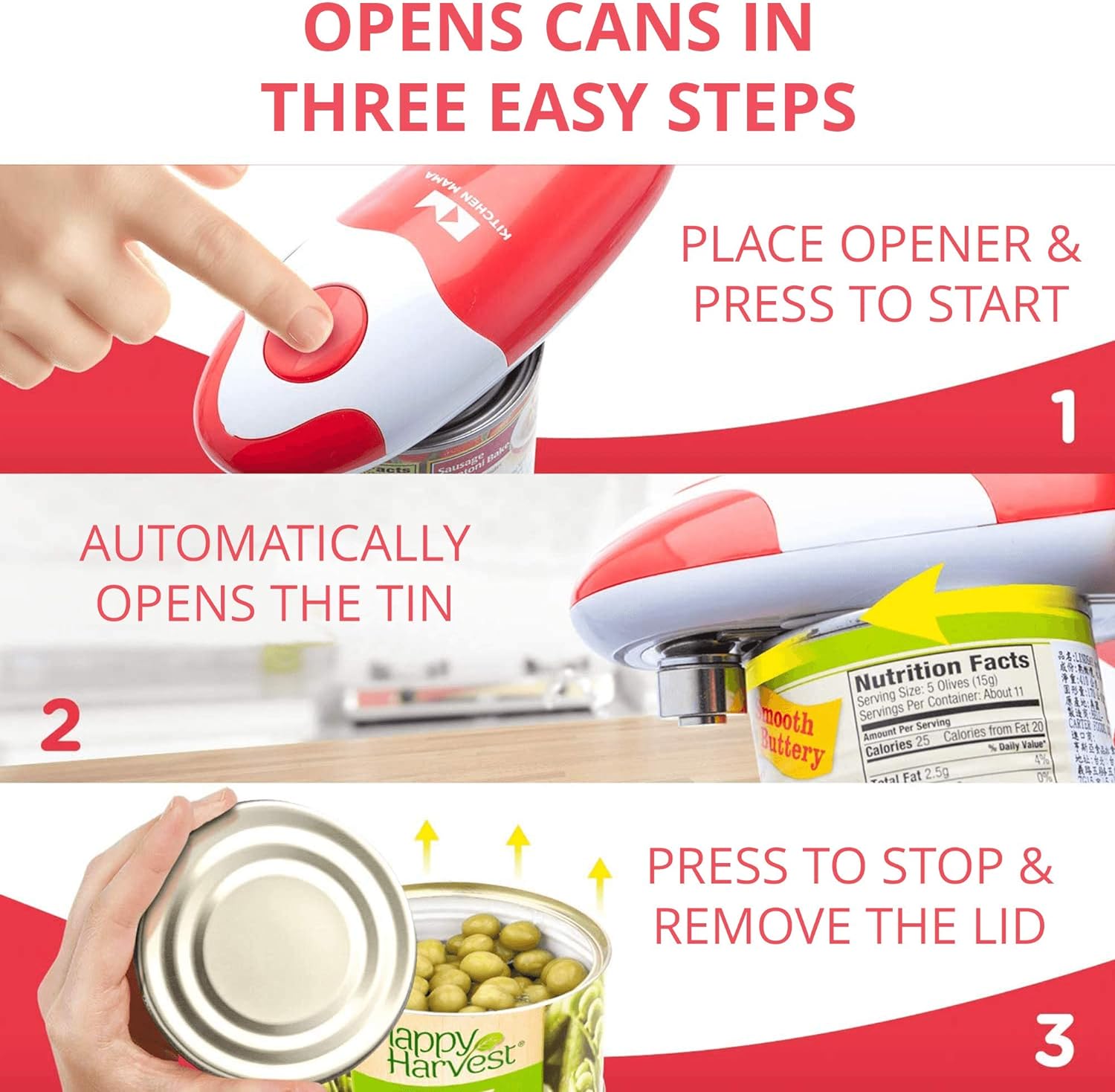 Auto Electric Can Opener: Open Your Cans with a Simple Press of Button - Automatic, Hands Free, Smooth Edge, Food-Safe, Battery Operated, YES YOU CAN (Red)