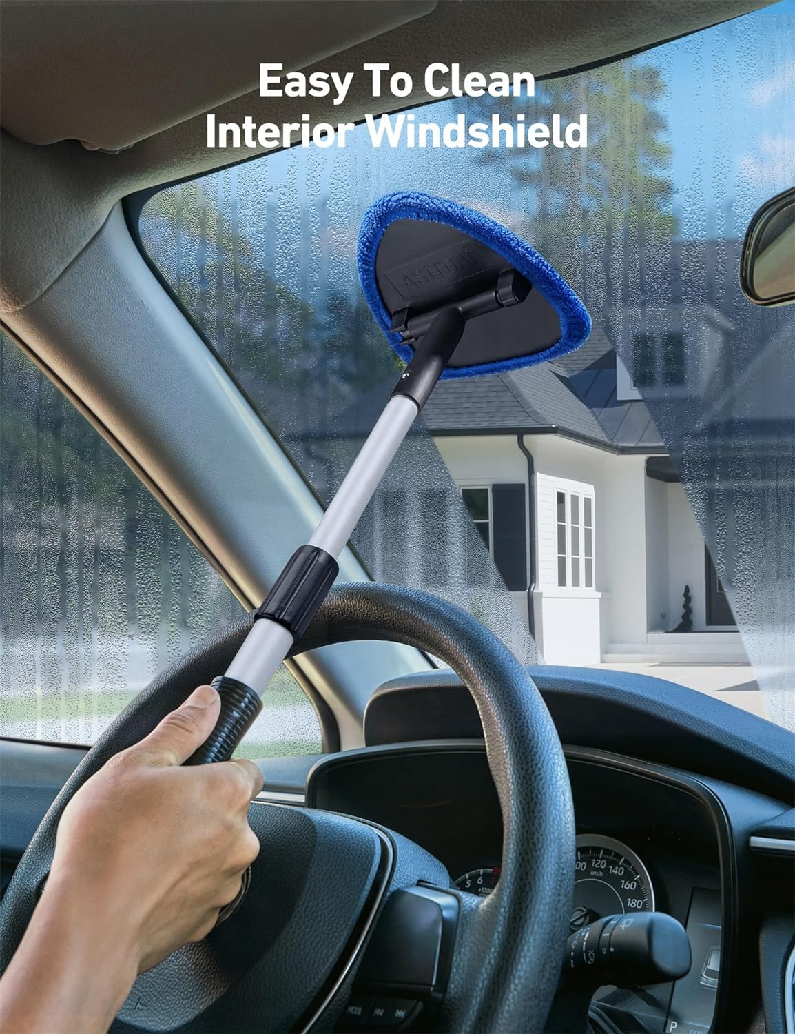 Windshield Cleaner, Car Windshield Cleaning Tool inside with 4 Reusable and Washable Microfiber Pads and Extendable Handle Auto Glass Wiper Kit, Blue