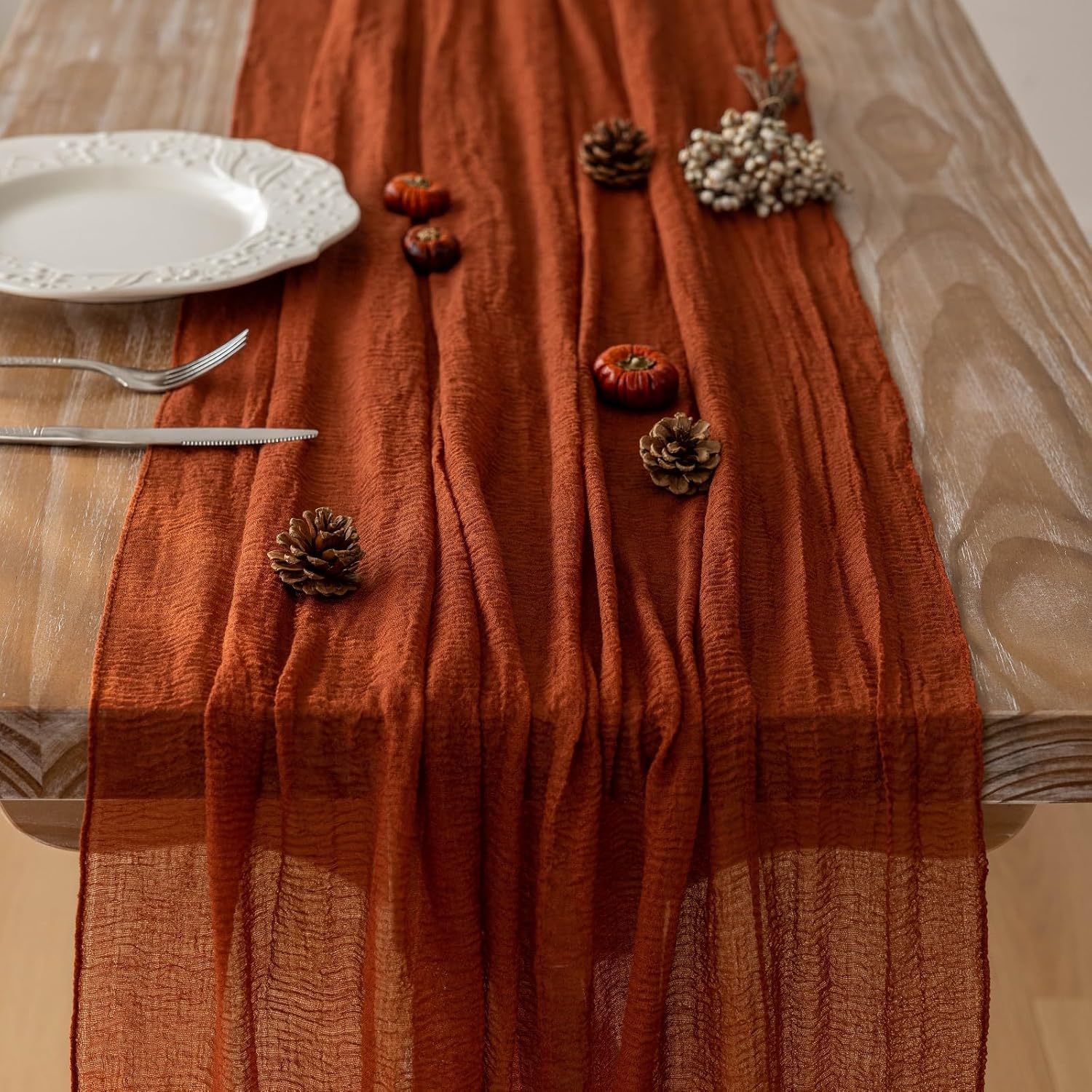 Keketo Thanksgiving Fall Table Runner Cheesecloth Runner Terracotta Gauze 120 Inch 10 FT Rustic Burnt Orange Cheese Cloth for Wedding Baby Bridal Shower Friendsgiving Party Sheer Home Decorations