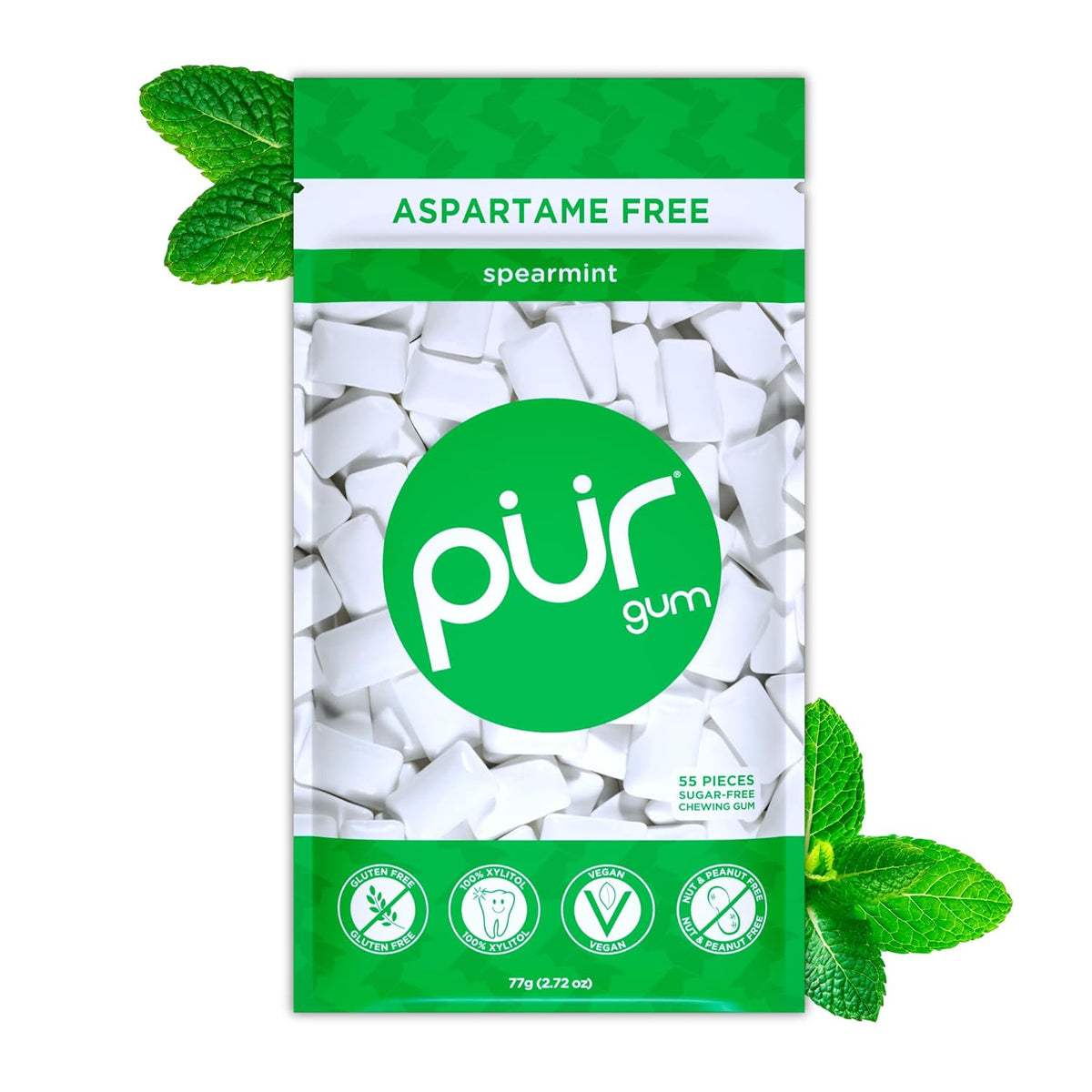 Gum | Aspartame Free Chewing Gum | 100% Xylitol | Natural Spearmint Flavored Gum, 55 Pieces (Pack of 1)