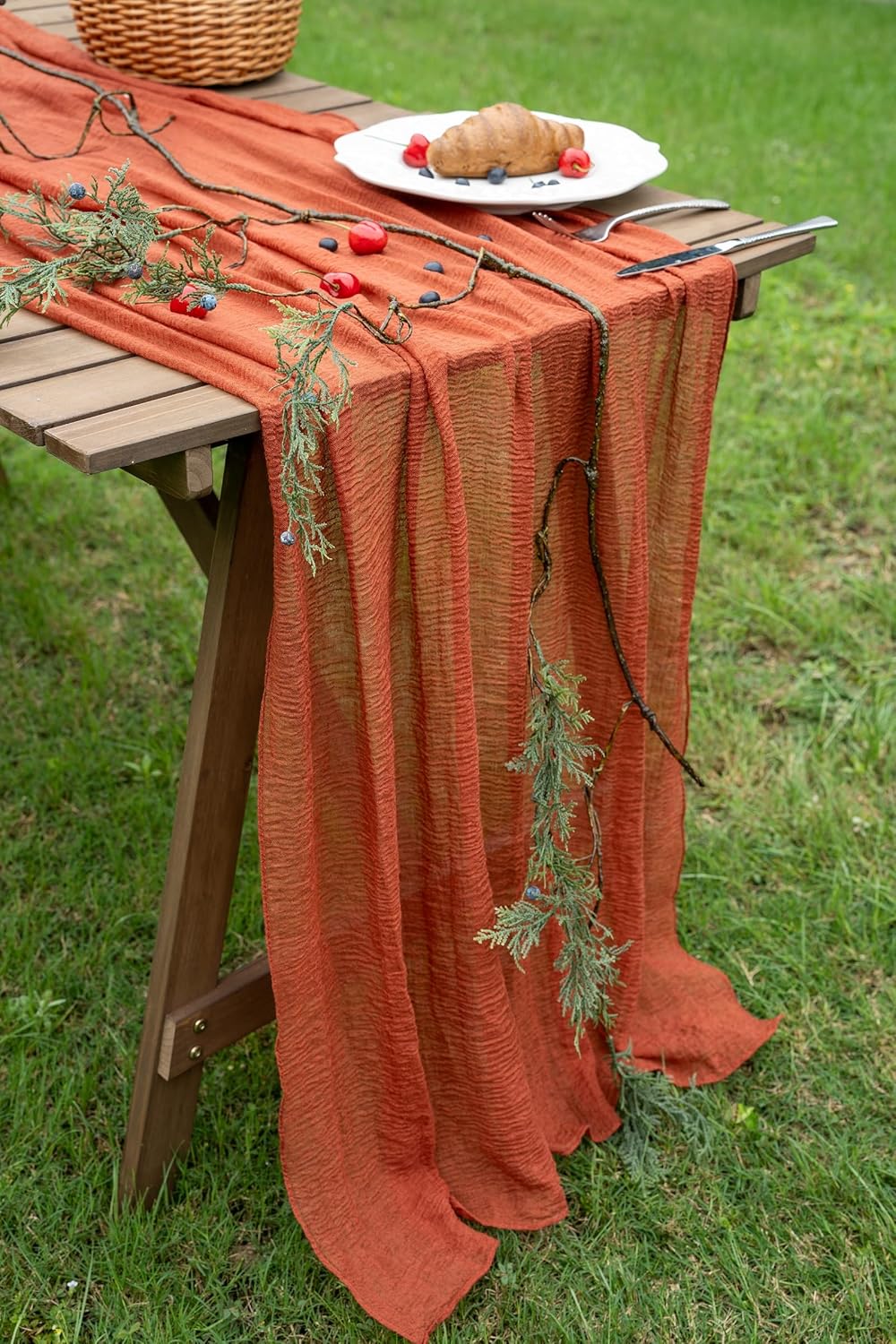 Keketo Thanksgiving Fall Table Runner Cheesecloth Runner Terracotta Gauze 120 Inch 10 FT Rustic Burnt Orange Cheese Cloth for Wedding Baby Bridal Shower Friendsgiving Party Sheer Home Decorations