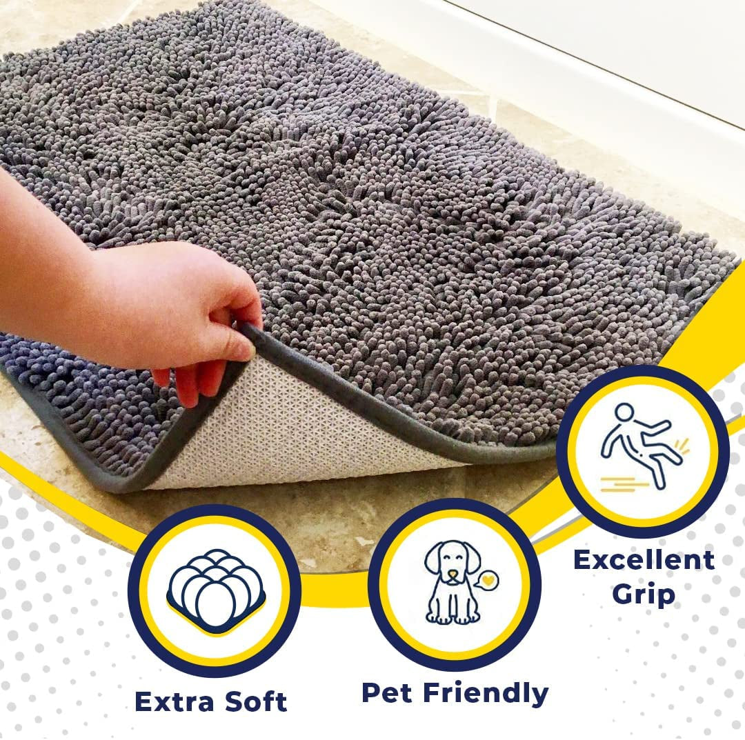 ® Shown on TV Highly Absorbent Microfiber Door Mat and Pet Rug Non Slip Thick Washable Area and Bath Mat Soft Chenille for Kitchen Bathroom Bedroom Indoor and Outdoor - Grey Medium 30"X19"