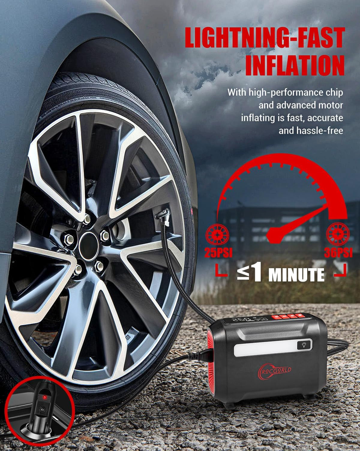 R8 Tire Inflator Portable Air Compressor, DC 12V Air Compressor Portable with Large Dual Digital Screen, 3X Faster Inflation Air Pump for Car, Bike, Ball, Motor