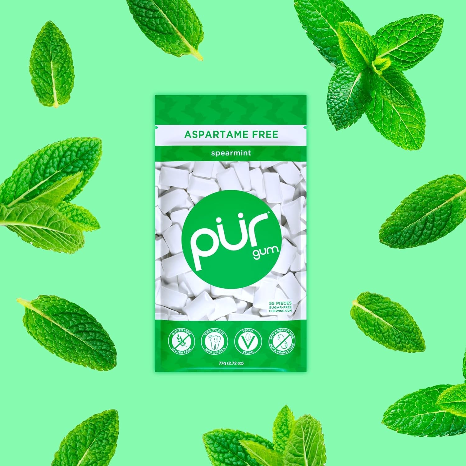 Gum | Aspartame Free Chewing Gum | 100% Xylitol | Natural Spearmint Flavored Gum, 55 Pieces (Pack of 1)