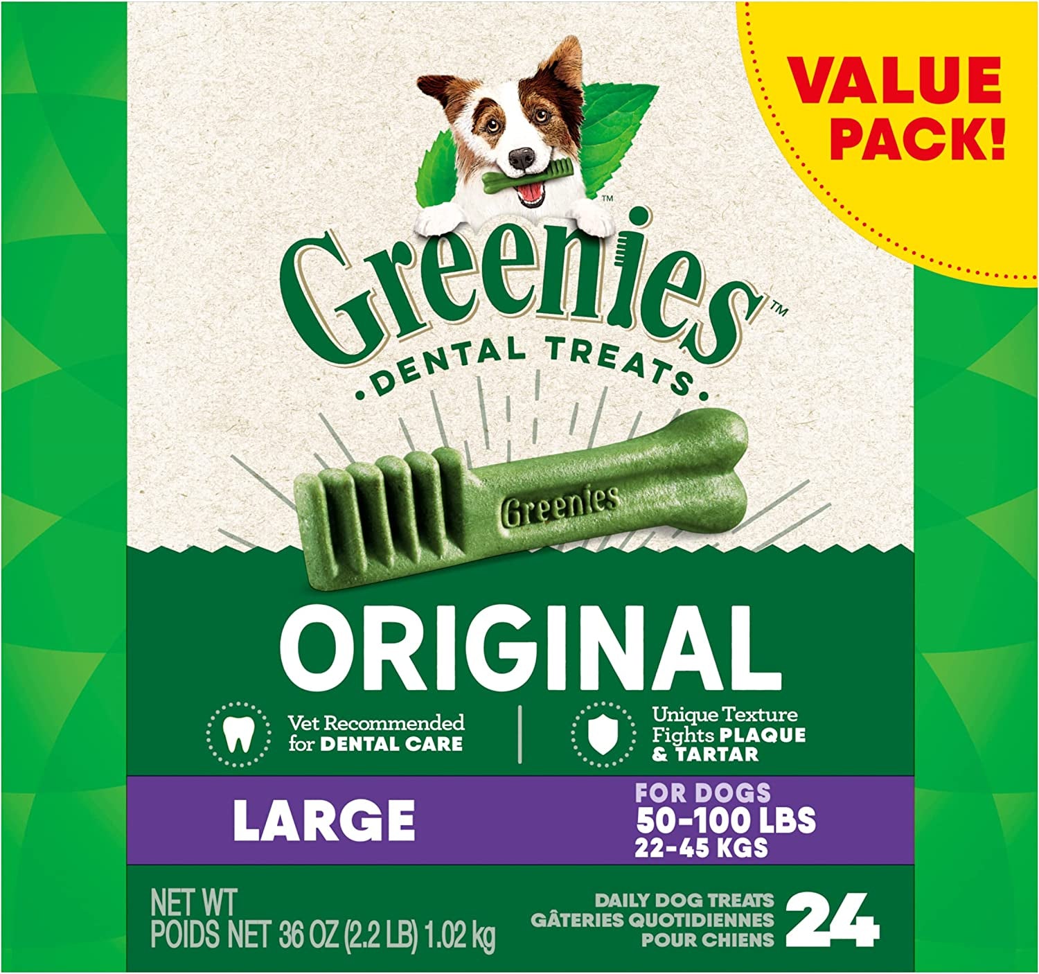 Original Large Natural Dental Care Dog Treats, 36 Oz. Pack (24 Treats)