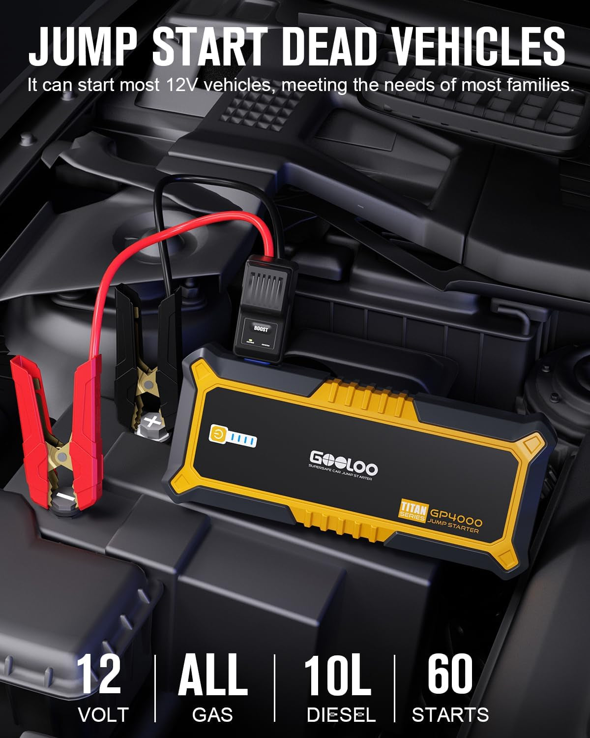 GP4000 Jump Starter 4000A Peak Car Starter (All Gas,Up to 10.0L Diesel Engine) Supersafe 12V Lithium Jump Box,Auto Battery Booster Pack,Portable Power Bank with USB Quick Charge and Type C Port