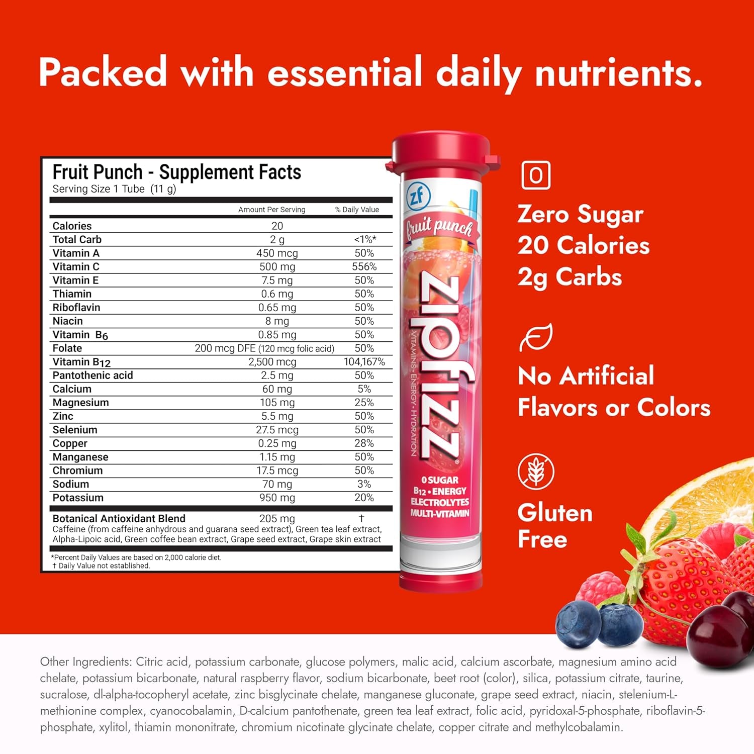 Daily Energy Drink Powder, Fruit Punch, 20 Pack 3-In-1 Sustained Energy, Rapid Hydration, and Essential Vitamins Sugar-Free Electrolyte Powder Contains Vitamin B-12 & Antioxidants