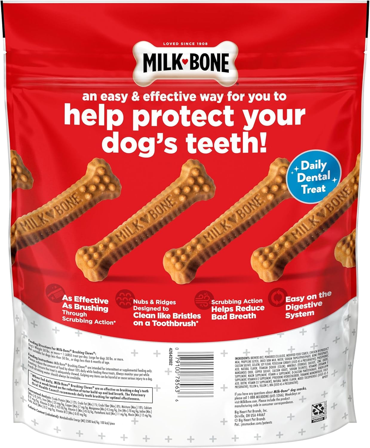 Original Brushing Chews 25 Large Daily Dental Dog Treats Scrubbing Action Helps Clean Teeth