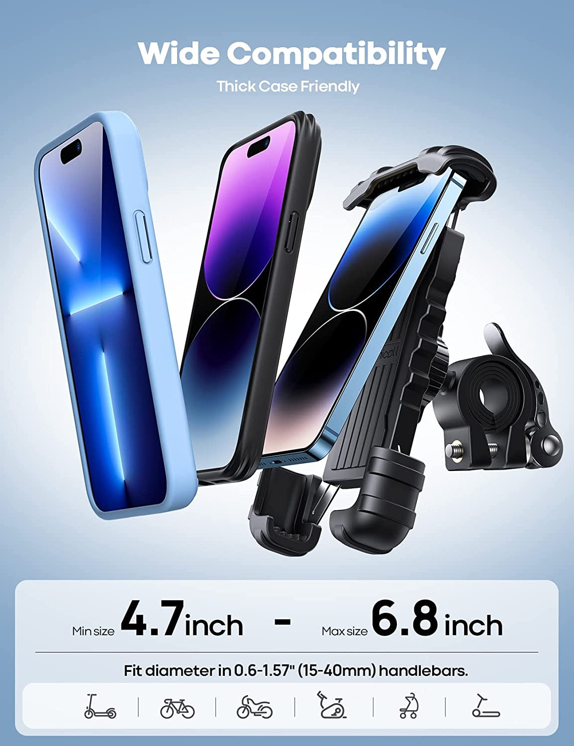 Bike Phone Holder, Motorcycle Phone Mount - Motorcycle Handlebar Cell Phone Clamp, Scooter Phone Clip for Iphone 15 Pro Max/Plus, 14 Pro Max, S9, S10 and More 4.7" to 6.8" Smartphones