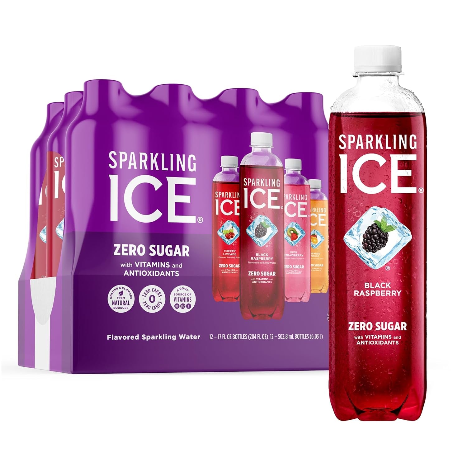 Purple Variety Pack, Flavored Water, Zero Sugar, with Vitamins and Antioxidants, 17 Fl Oz, 12 Count (Black Raspberry, Cherry Limeade, Orange Mango, Kiwi Strawberry)