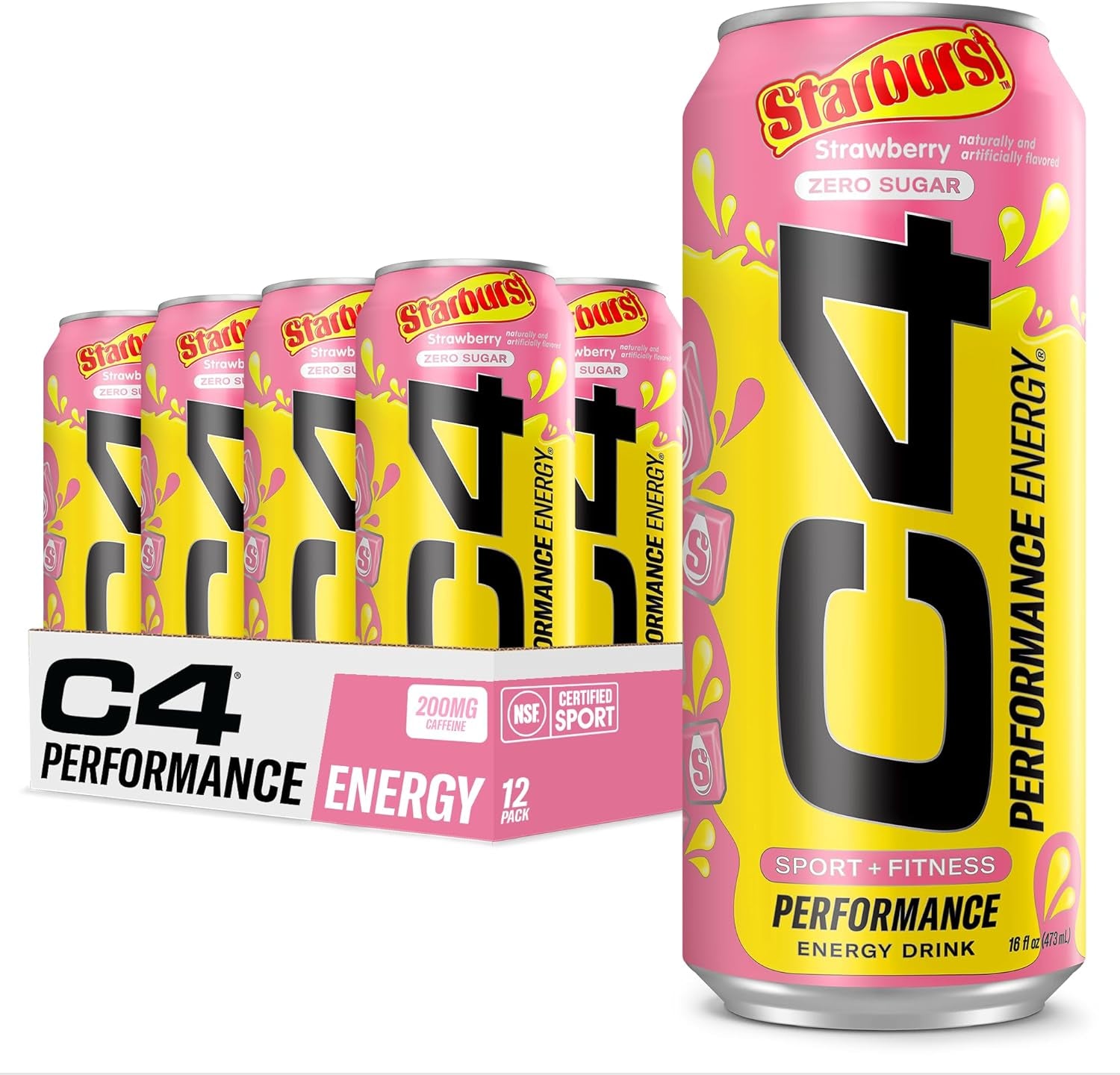 C4 Performance Energy Drink | STARBURST Strawberry | Zero Sugar Carbonated Preworkout Energy | 200Mg Caffeine with Beta Alanine | 16 Fl Oz (12 Pack)