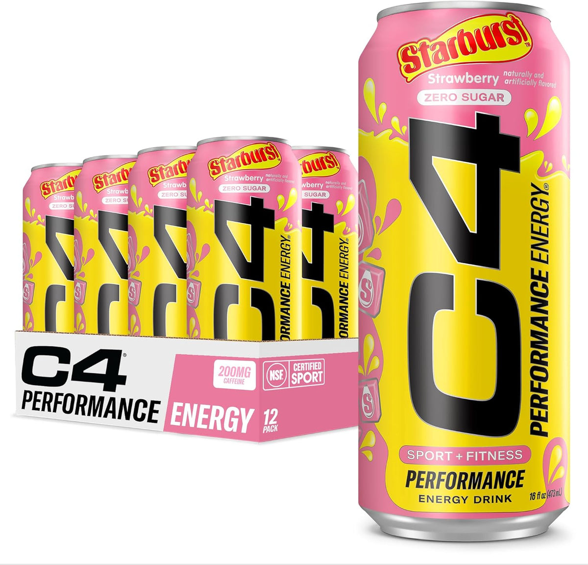 C4 Performance Energy Drink | STARBURST Strawberry | Zero Sugar Carbonated Preworkout Energy | 200Mg Caffeine with Beta Alanine | 16 Fl Oz (12 Pack)