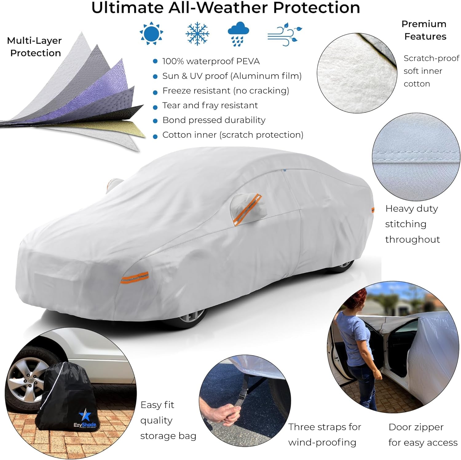 10-Layer Car Cover Waterproof All Weather - See Vehicle Size-Chart - Car Covers for Automobiles & Car Snow Cover - Full Exterior Covers - Winter Rain Sun SUV Sedan. Size A4 (See Size Chart)