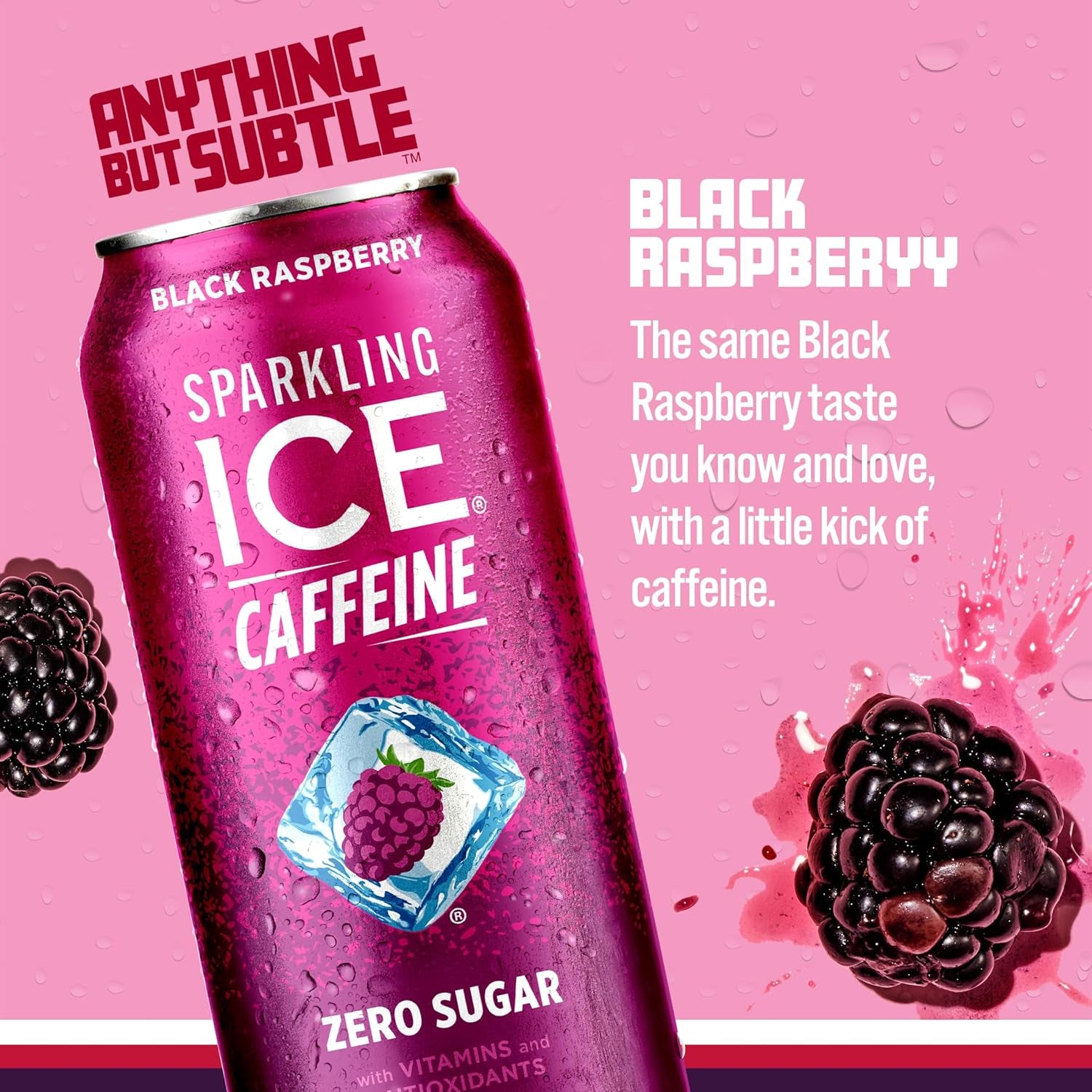 +Caffeine Black Raspberry Sparkling Water with Caffeine, Zero Sugar, with Antioxidants and Vitamins,16 Fl Oz Cans (Pack of 12)