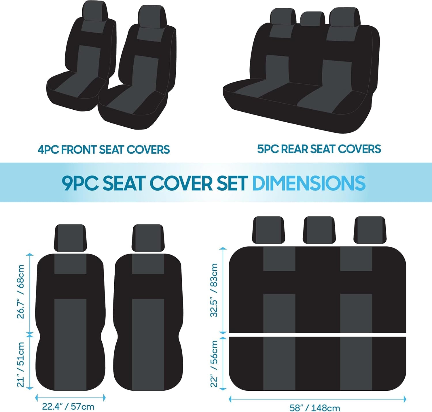 Polypro Car Seat Covers Full Set in Charcoal on Black – Front and Rear Split Bench for Cars, Easy to Install Cover Set, Accessories Auto Trucks Van SUV